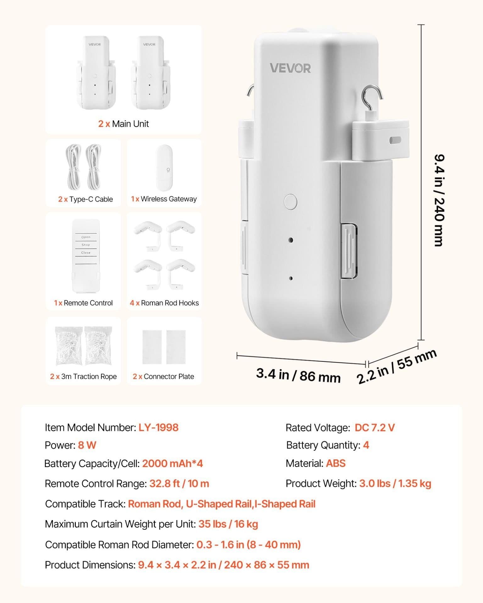 image-VEVOR Automatic Curtain Opener, 2 Pack, APP and Remote Control, Hub Included, Electric Smart Curtain Opener Compatible with Alexa and Google Home, Timed Opening and Closing, for Roman Rods, U/I Rails
