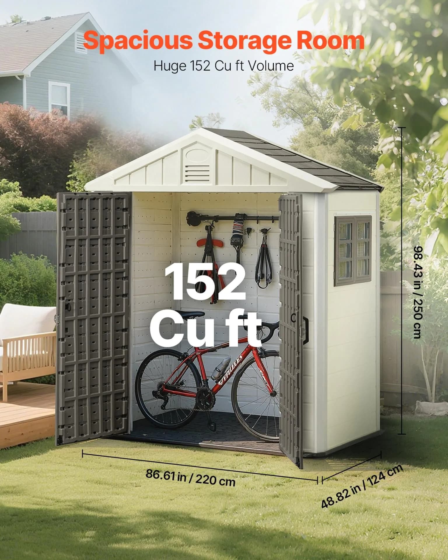 image-VEVOR Outdoor Storage Shed, 4x8 Ft, Heavy-Duty Resin Tool Shed, with Reinforced Floor, Skylight, Lockable Door, Weather Resistant, 152 Cu. Ft. for Garden Tools, Lawn Mower, Bike, Backyard, Patio, Grey