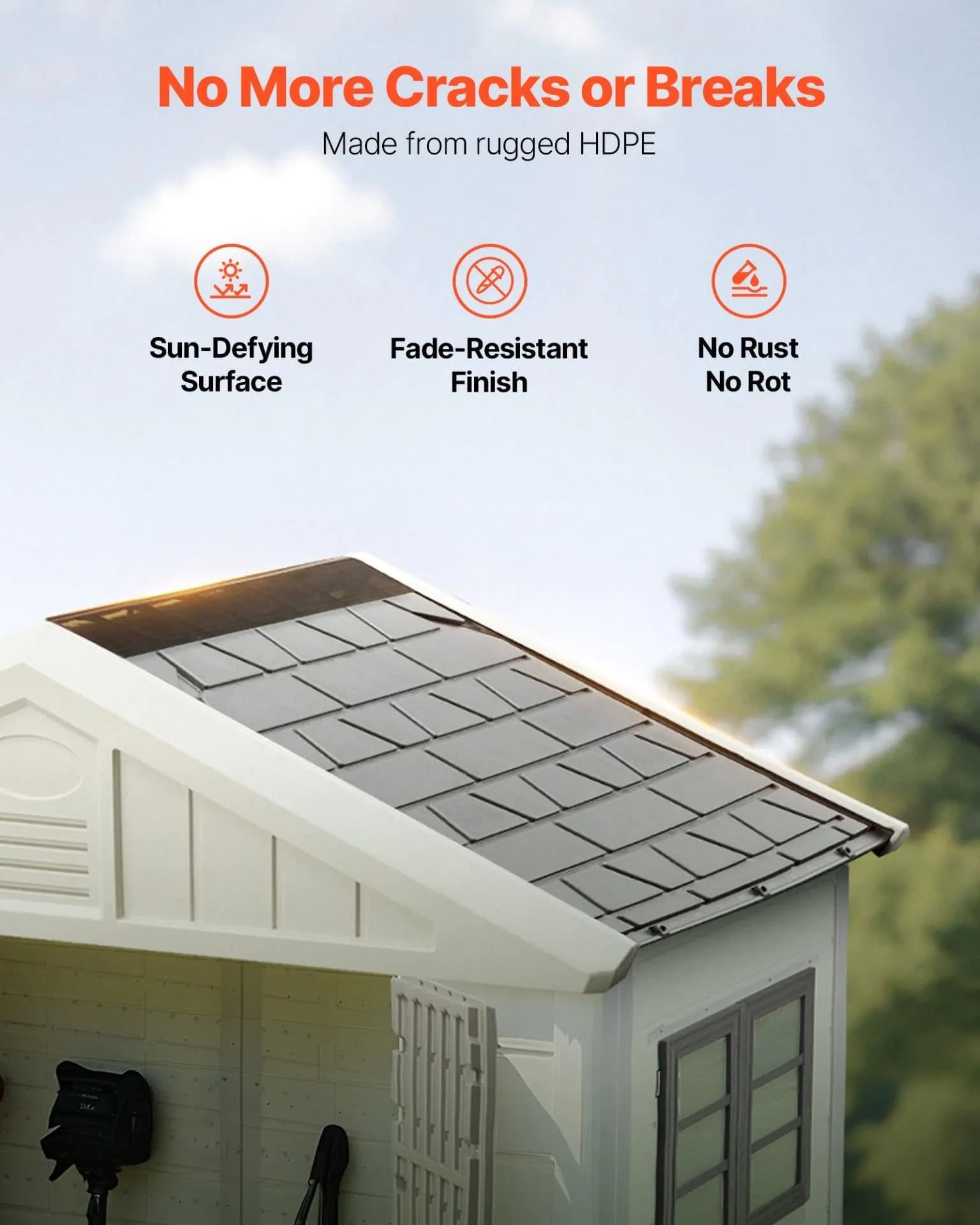 image-VEVOR Outdoor Storage Shed, 4x8 Ft, Heavy-Duty Resin Tool Shed, with Reinforced Floor, Skylight, Lockable Door, Weather Resistant, 152 Cu. Ft. for Garden Tools, Lawn Mower, Bike, Backyard, Patio, Grey