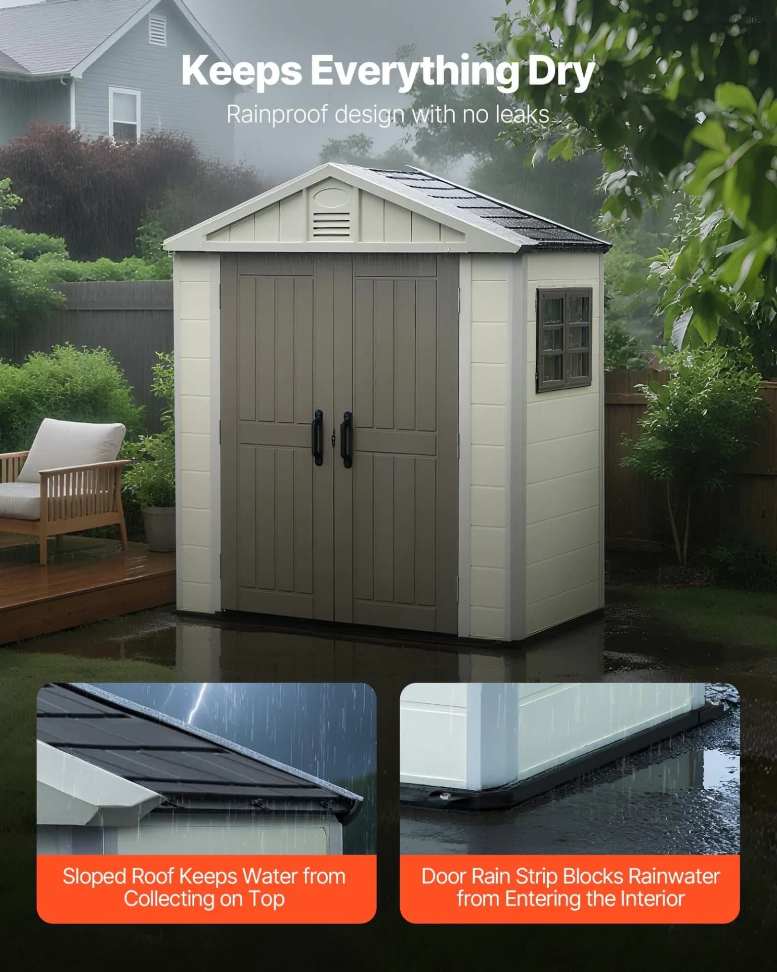 image-VEVOR Outdoor Storage Shed, 4x8 Ft, Heavy-Duty Resin Tool Shed, with Reinforced Floor, Skylight, Lockable Door, Weather Resistant, 152 Cu. Ft. for Garden Tools, Lawn Mower, Bike, Backyard, Patio, Grey