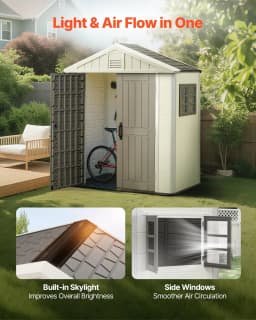 image-VEVOR Outdoor Storage Shed, 4x8 Ft, Heavy-Duty Resin Tool Shed, with Reinforced Floor, Skylight, Lockable Door, Weather Resistant, 152 Cu. Ft. for Garden Tools, Lawn Mower, Bike, Backyard, Patio, Grey