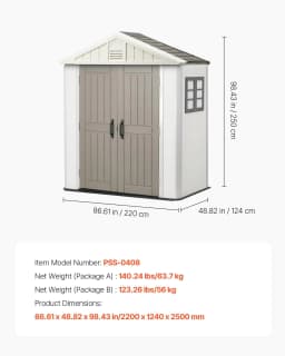 image-VEVOR Outdoor Storage Shed, 4x8 Ft, Heavy-Duty Resin Tool Shed, with Reinforced Floor, Skylight, Lockable Door, Weather Resistant, 152 Cu. Ft. for Garden Tools, Lawn Mower, Bike, Backyard, Patio, Grey