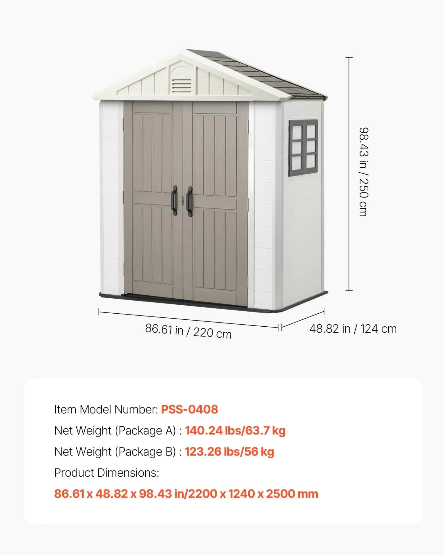 image-VEVOR Outdoor Storage Shed, 4x8 Ft, Heavy-Duty Resin Tool Shed, with Reinforced Floor, Skylight, Lockable Door, Weather Resistant, 152 Cu. Ft. for Garden Tools, Lawn Mower, Bike, Backyard, Patio, Grey