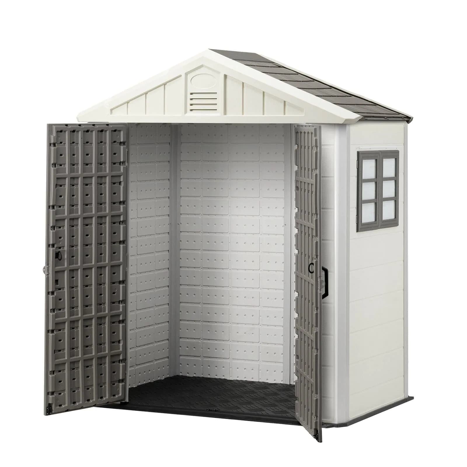 image-VEVOR Outdoor Storage Shed, 4x8 Ft, Heavy-Duty Resin Tool Shed, with Reinforced Floor, Skylight, Lockable Door, Weather Resistant, 152 Cu. Ft. for Garden Tools, Lawn Mower, Bike, Backyard, Patio, Grey