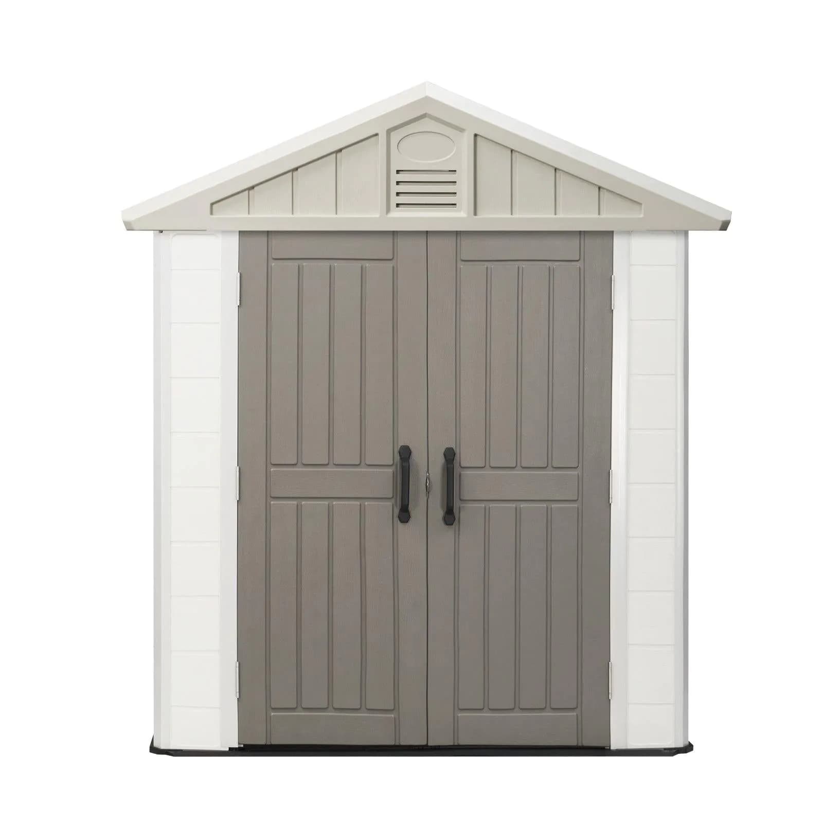 image-VEVOR Outdoor Storage Shed, 4x8 Ft, Heavy-Duty Resin Tool Shed, with Reinforced Floor, Skylight, Lockable Door, Weather Resistant, 152 Cu. Ft. for Garden Tools, Lawn Mower, Bike, Backyard, Patio, Grey