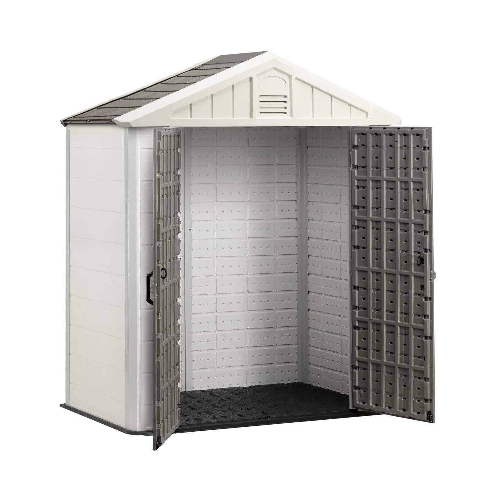 image-VEVOR Outdoor Storage Shed, 4x8 Ft, Heavy-Duty Resin Tool Shed, with Reinforced Floor, Skylight, Lockable Door, Weather Resistant, 152 Cu. Ft. for Garden Tools, Lawn Mower, Bike, Backyard, Patio, Grey