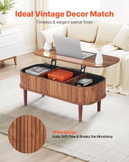 image-VEVOR 39.4 in Lift Top Coffee Table, Fluted Oval Coffee Table with 3 Hidden Compartment, Mid Century Wooden Oval Center Desk with Storage, Lift Up Tabletop for Home & Office, Easy Assembly, Walnut