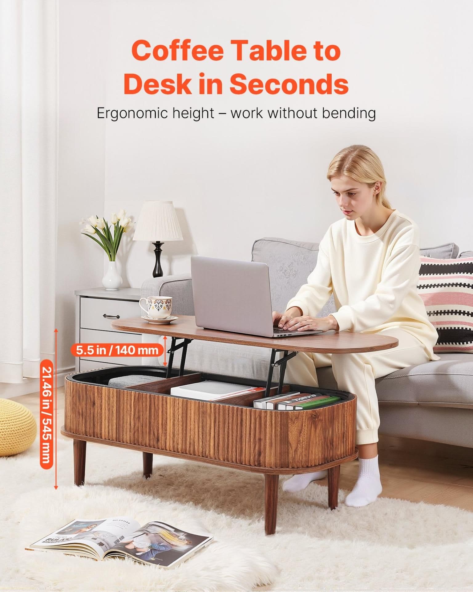 image-VEVOR 39.4 in Lift Top Coffee Table, Fluted Oval Coffee Table with 3 Hidden Compartment, Mid Century Wooden Oval Center Desk with Storage, Lift Up Tabletop for Home & Office, Easy Assembly, Walnut