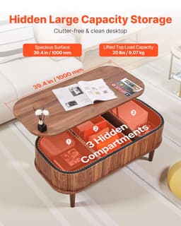 image-VEVOR 39.4 in Lift Top Coffee Table, Fluted Oval Coffee Table with 3 Hidden Compartment, Mid Century Wooden Oval Center Desk with Storage, Lift Up Tabletop for Home & Office, Easy Assembly, Walnut