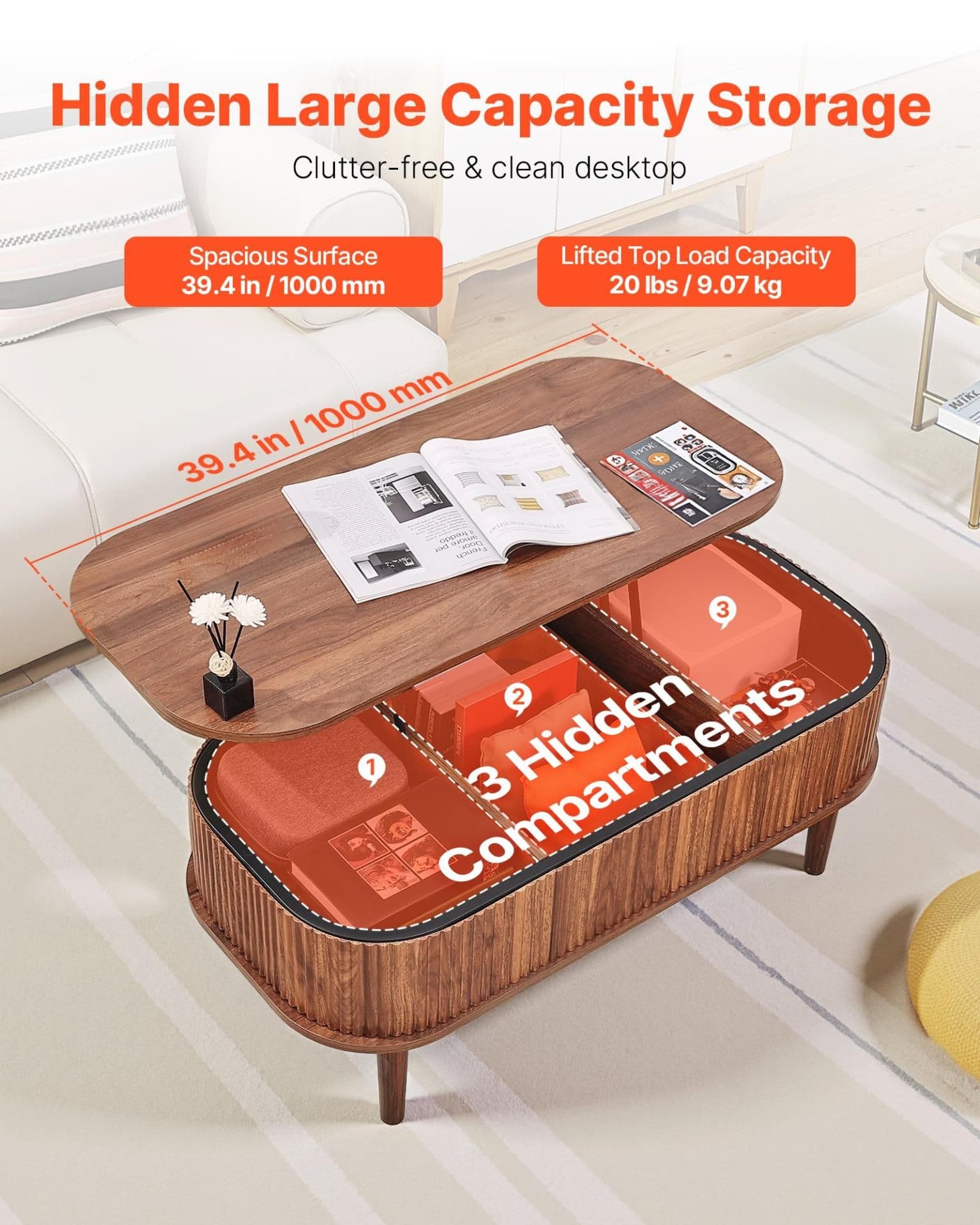 image-VEVOR 39.4 in Lift Top Coffee Table, Fluted Oval Coffee Table with 3 Hidden Compartment, Mid Century Wooden Oval Center Desk with Storage, Lift Up Tabletop for Home & Office, Easy Assembly, Walnut