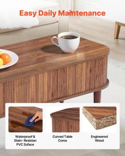 image-VEVOR 39.4 in Lift Top Coffee Table, Fluted Oval Coffee Table with 3 Hidden Compartment, Mid Century Wooden Oval Center Desk with Storage, Lift Up Tabletop for Home & Office, Easy Assembly, Walnut