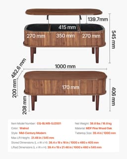 image-VEVOR 39.4 in Lift Top Coffee Table, Fluted Oval Coffee Table with 3 Hidden Compartment, Mid Century Wooden Oval Center Desk with Storage, Lift Up Tabletop for Home & Office, Easy Assembly, Walnut