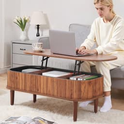 image-VEVOR 39.4 in Lift Top Coffee Table, Fluted Oval Coffee Table with 3 Hidden Compartment, Mid Century Wooden Oval Center Desk with Storage, Lift Up Tabletop for Home & Office, Easy Assembly, Walnut