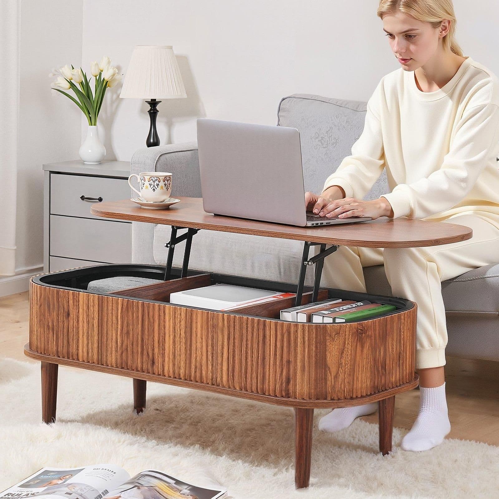 image-VEVOR 39.4 in Lift Top Coffee Table, Fluted Oval Coffee Table with 3 Hidden Compartment, Mid Century Wooden Oval Center Desk with Storage, Lift Up Tabletop for Home & Office, Easy Assembly, Walnut