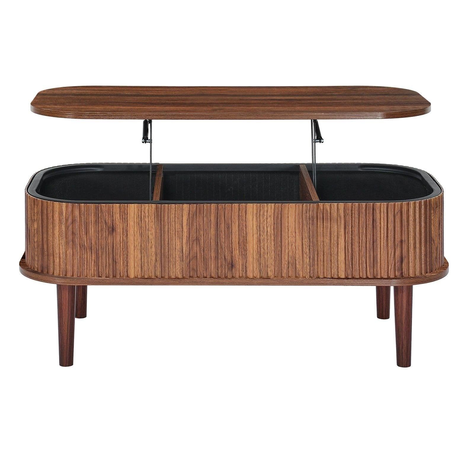 image-VEVOR 39.4 in Lift Top Coffee Table, Fluted Oval Coffee Table with 3 Hidden Compartment, Mid Century Wooden Oval Center Desk with Storage, Lift Up Tabletop for Home & Office, Easy Assembly, Walnut