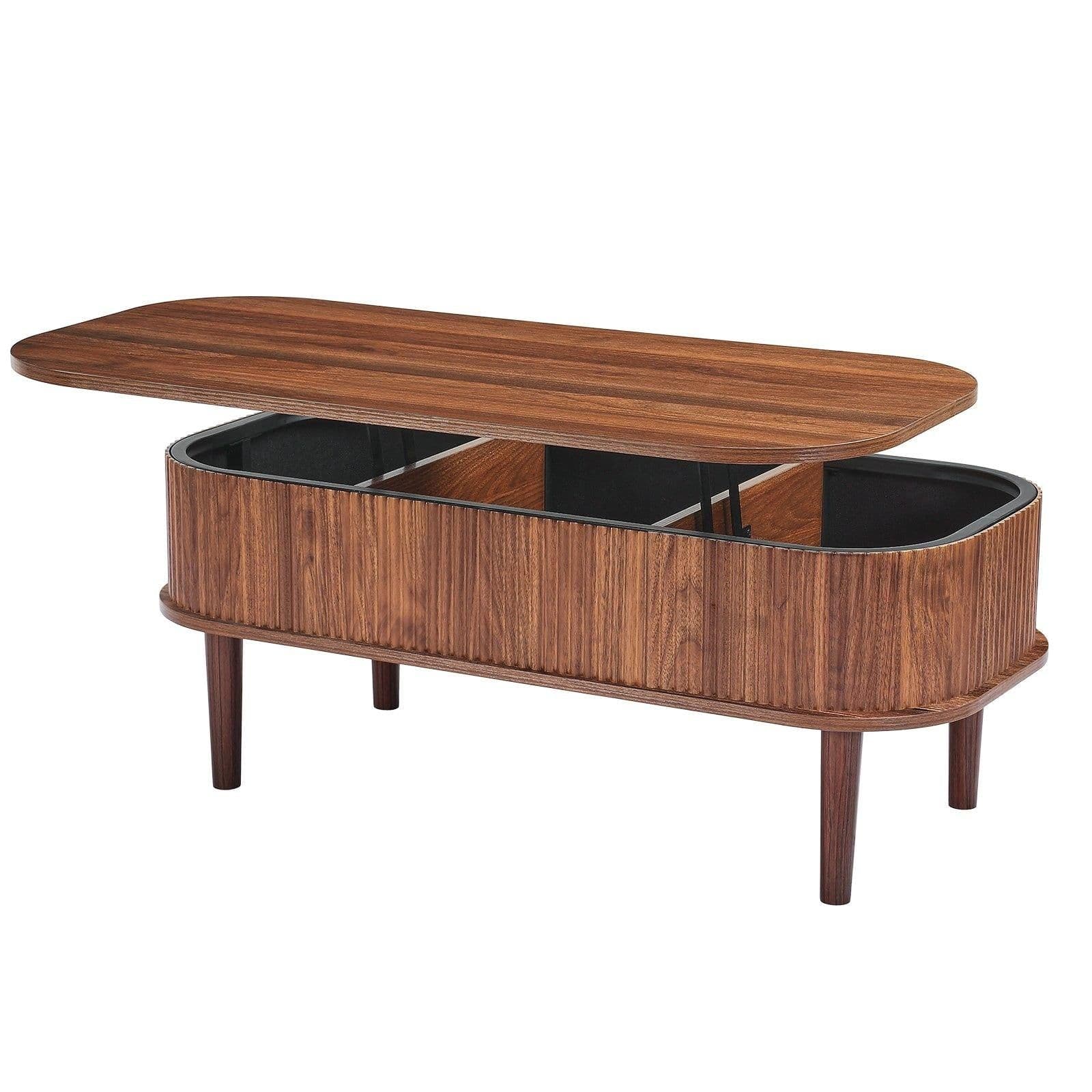 image-VEVOR 39.4 in Lift Top Coffee Table, Fluted Oval Coffee Table with 3 Hidden Compartment, Mid Century Wooden Oval Center Desk with Storage, Lift Up Tabletop for Home & Office, Easy Assembly, Walnut