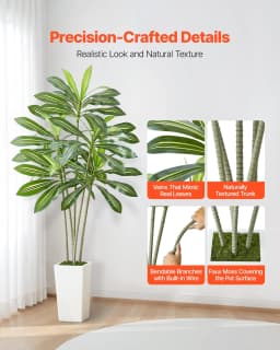image-VEVOR Artificial Dracaena Tree 6 ft, Fake Palm Tropical Plants with White Tall Planter, Faux Floor Silk Plant in Pot, Large Trees for Home Office Living Room Decor House Warming, Indoor Outdoor