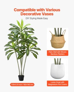 image-VEVOR Artificial Dracaena Tree 6 ft, Fake Palm Tropical Plants with White Tall Planter, Faux Floor Silk Plant in Pot, Large Trees for Home Office Living Room Decor House Warming, Indoor Outdoor