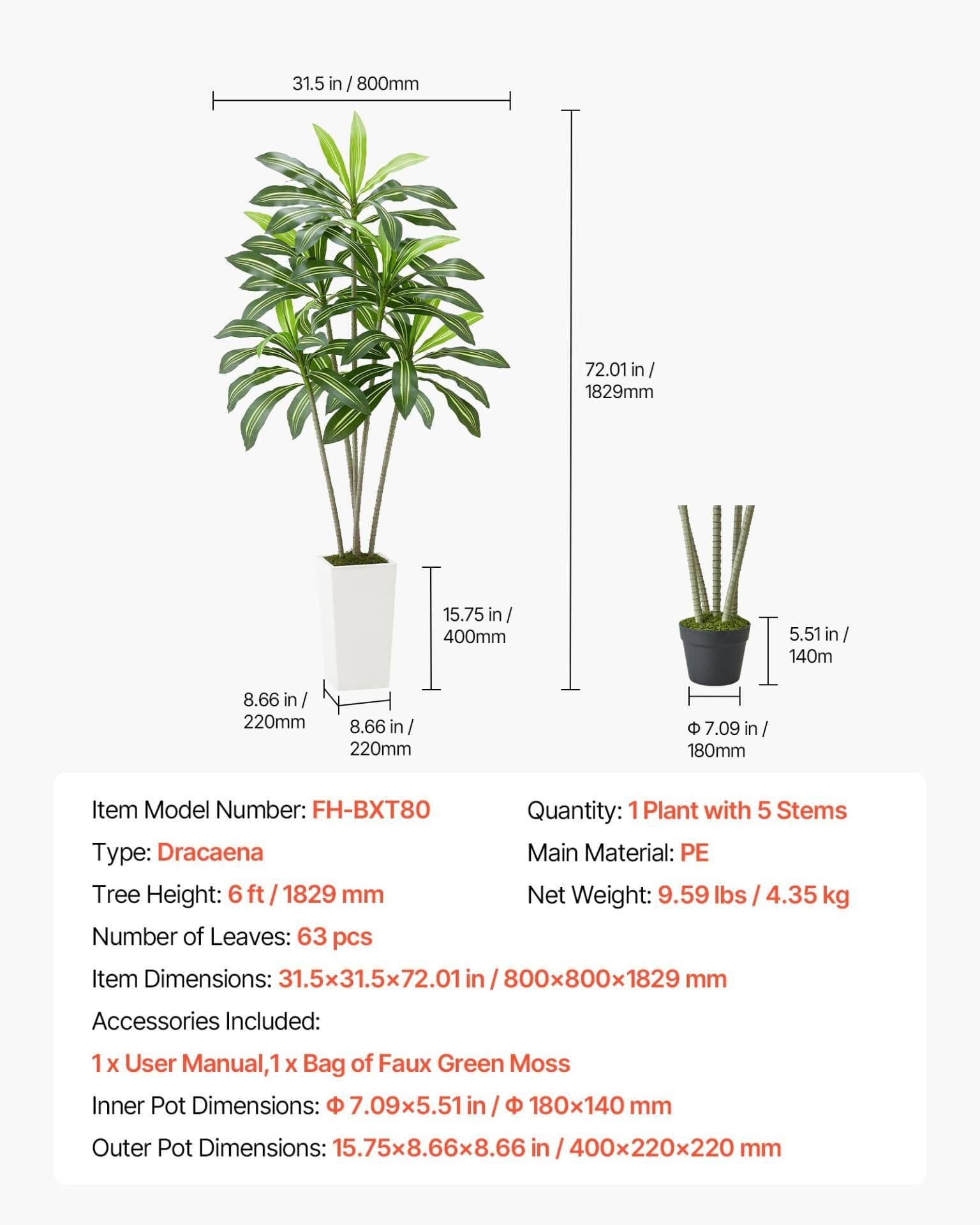 image-VEVOR Artificial Dracaena Tree 6 ft, Fake Palm Tropical Plants with White Tall Planter, Faux Floor Silk Plant in Pot, Large Trees for Home Office Living Room Decor House Warming, Indoor Outdoor