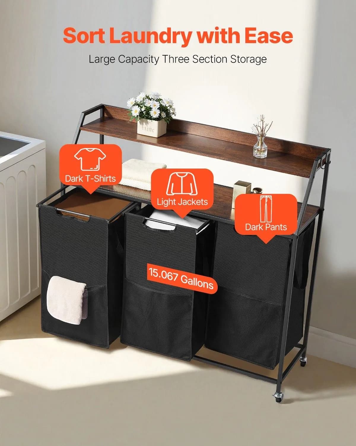 image-VEVOR 2 Tiers Laundry Sorter, Tall Laundry Hamper with Metal Frame and Wooden Tabletop, 3 Section Rolling Basket Organizer Storage with Ladder Shelves and 600D Oxford Cloth Bags for Dirty Clothes