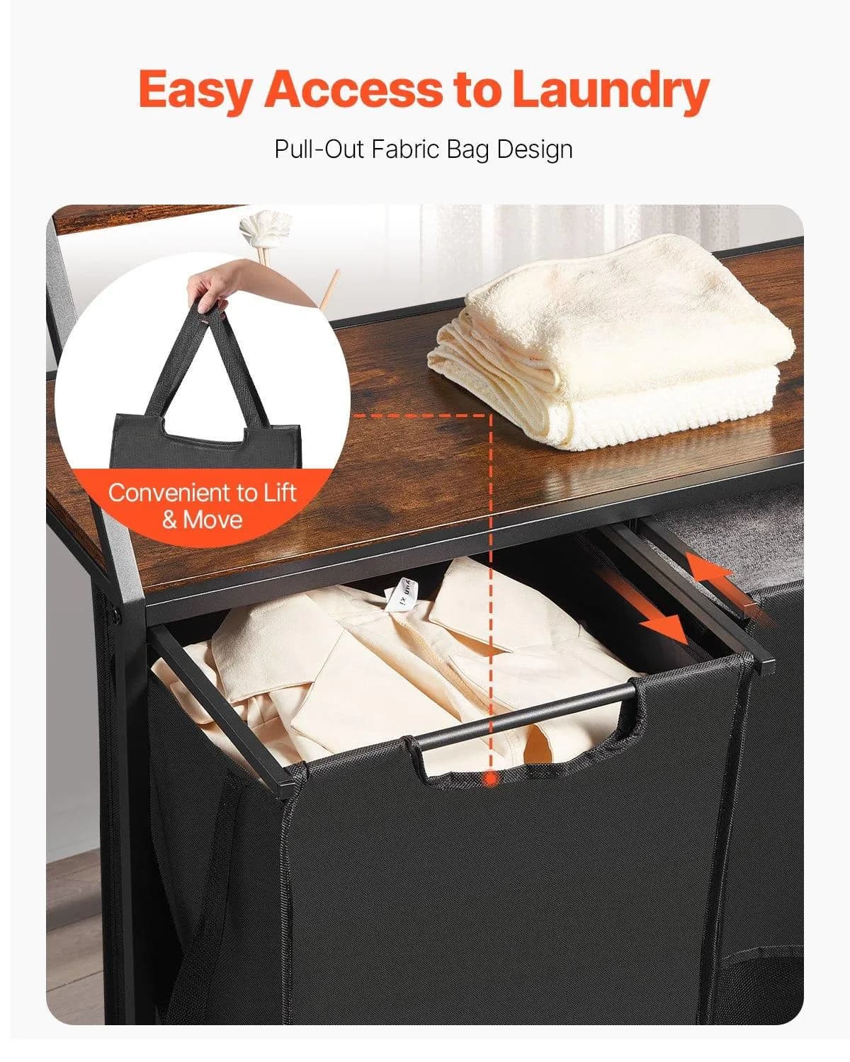image-VEVOR 2 Tiers Laundry Sorter, Tall Laundry Hamper with Metal Frame and Wooden Tabletop, 3 Section Rolling Basket Organizer Storage with Ladder Shelves and 600D Oxford Cloth Bags for Dirty Clothes