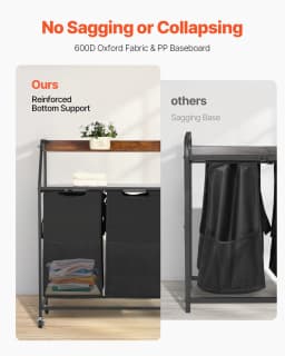 image-VEVOR 2 Tiers Laundry Sorter, Tall Laundry Hamper with Metal Frame and Wooden Tabletop, 3 Section Rolling Basket Organizer Storage with Ladder Shelves and 600D Oxford Cloth Bags for Dirty Clothes