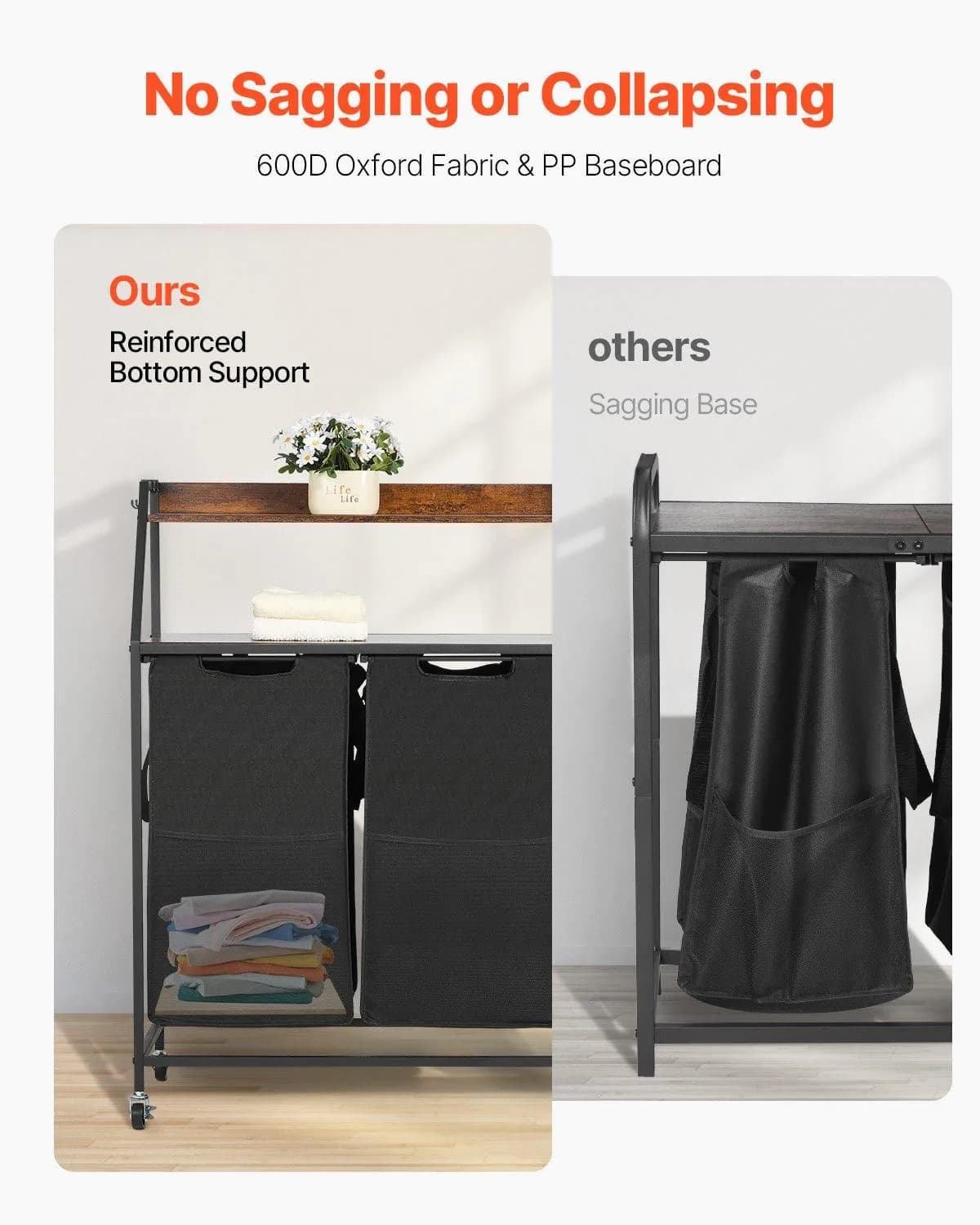 image-VEVOR 2 Tiers Laundry Sorter, Tall Laundry Hamper with Metal Frame and Wooden Tabletop, 3 Section Rolling Basket Organizer Storage with Ladder Shelves and 600D Oxford Cloth Bags for Dirty Clothes