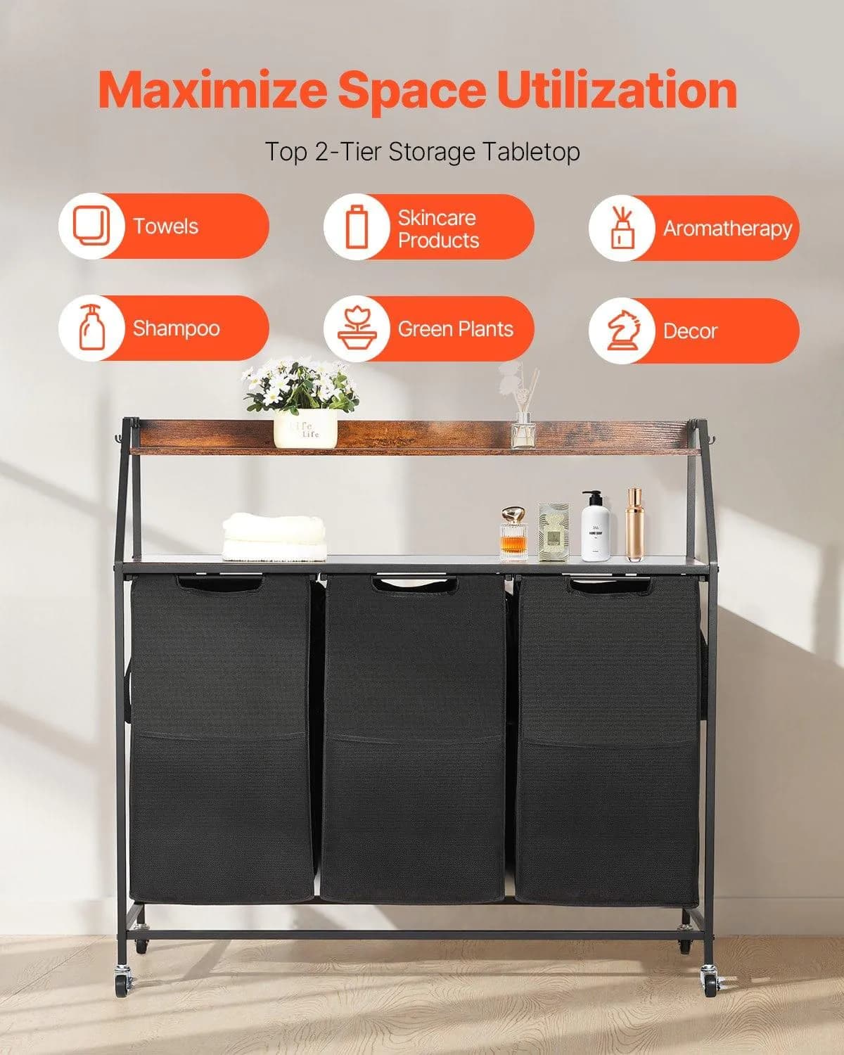 image-VEVOR 2 Tiers Laundry Sorter, Tall Laundry Hamper with Metal Frame and Wooden Tabletop, 3 Section Rolling Basket Organizer Storage with Ladder Shelves and 600D Oxford Cloth Bags for Dirty Clothes
