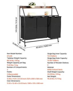 image-VEVOR 2 Tiers Laundry Sorter, Tall Laundry Hamper with Metal Frame and Wooden Tabletop, 3 Section Rolling Basket Organizer Storage with Ladder Shelves and 600D Oxford Cloth Bags for Dirty Clothes
