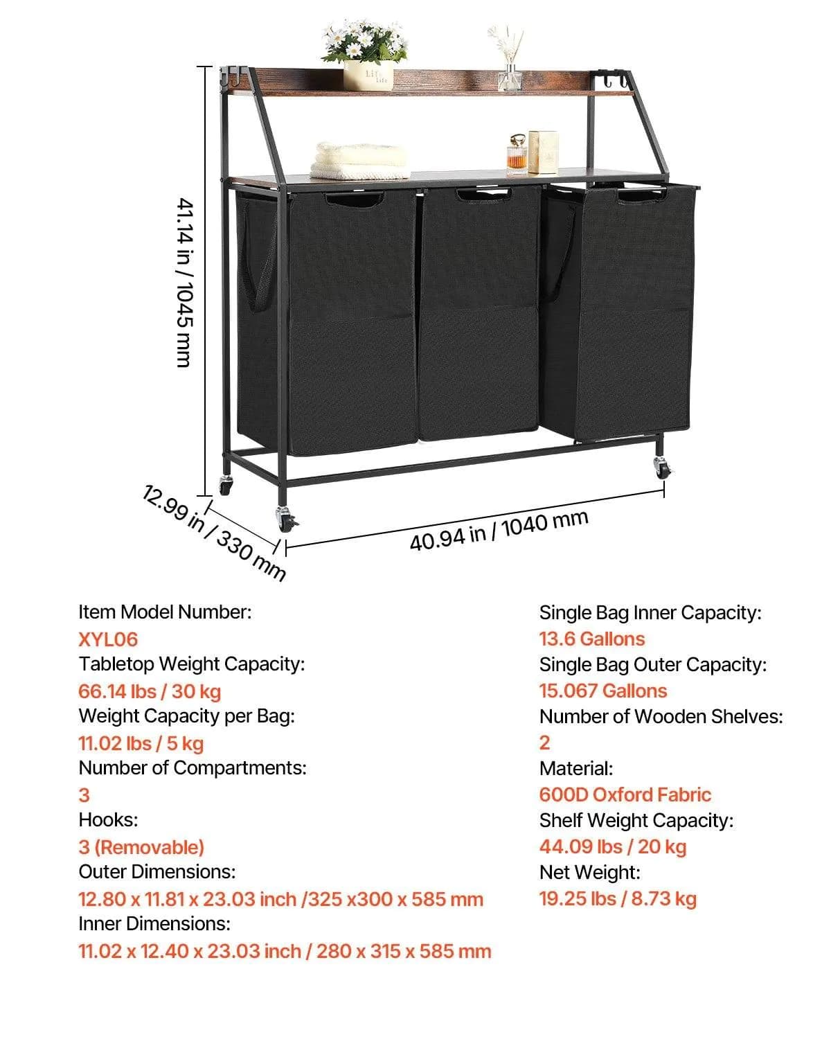 image-VEVOR 2 Tiers Laundry Sorter, Tall Laundry Hamper with Metal Frame and Wooden Tabletop, 3 Section Rolling Basket Organizer Storage with Ladder Shelves and 600D Oxford Cloth Bags for Dirty Clothes