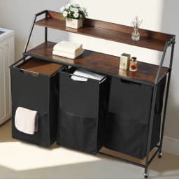 image-VEVOR 2 Tiers Laundry Sorter, Tall Laundry Hamper with Metal Frame and Wooden Tabletop, 3 Section Rolling Basket Organizer Storage with Ladder Shelves and 600D Oxford Cloth Bags for Dirty Clothes