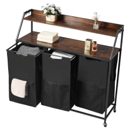 image-VEVOR 2 Tiers Laundry Sorter, Tall Laundry Hamper with Metal Frame and Wooden Tabletop, 3 Section Rolling Basket Organizer Storage with Ladder Shelves and 600D Oxford Cloth Bags for Dirty Clothes