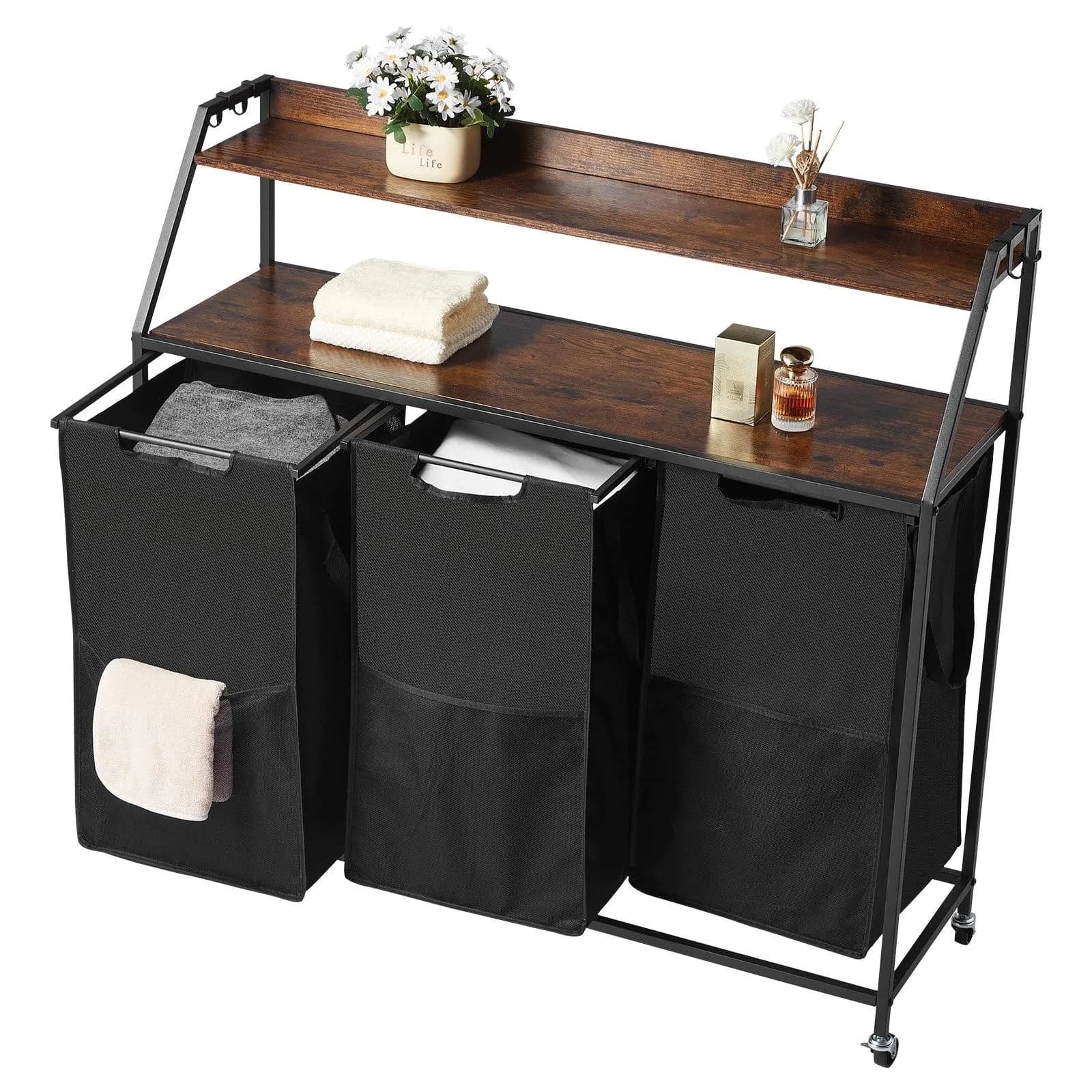 image-VEVOR 2 Tiers Laundry Sorter, Tall Laundry Hamper with Metal Frame and Wooden Tabletop, 3 Section Rolling Basket Organizer Storage with Ladder Shelves and 600D Oxford Cloth Bags for Dirty Clothes