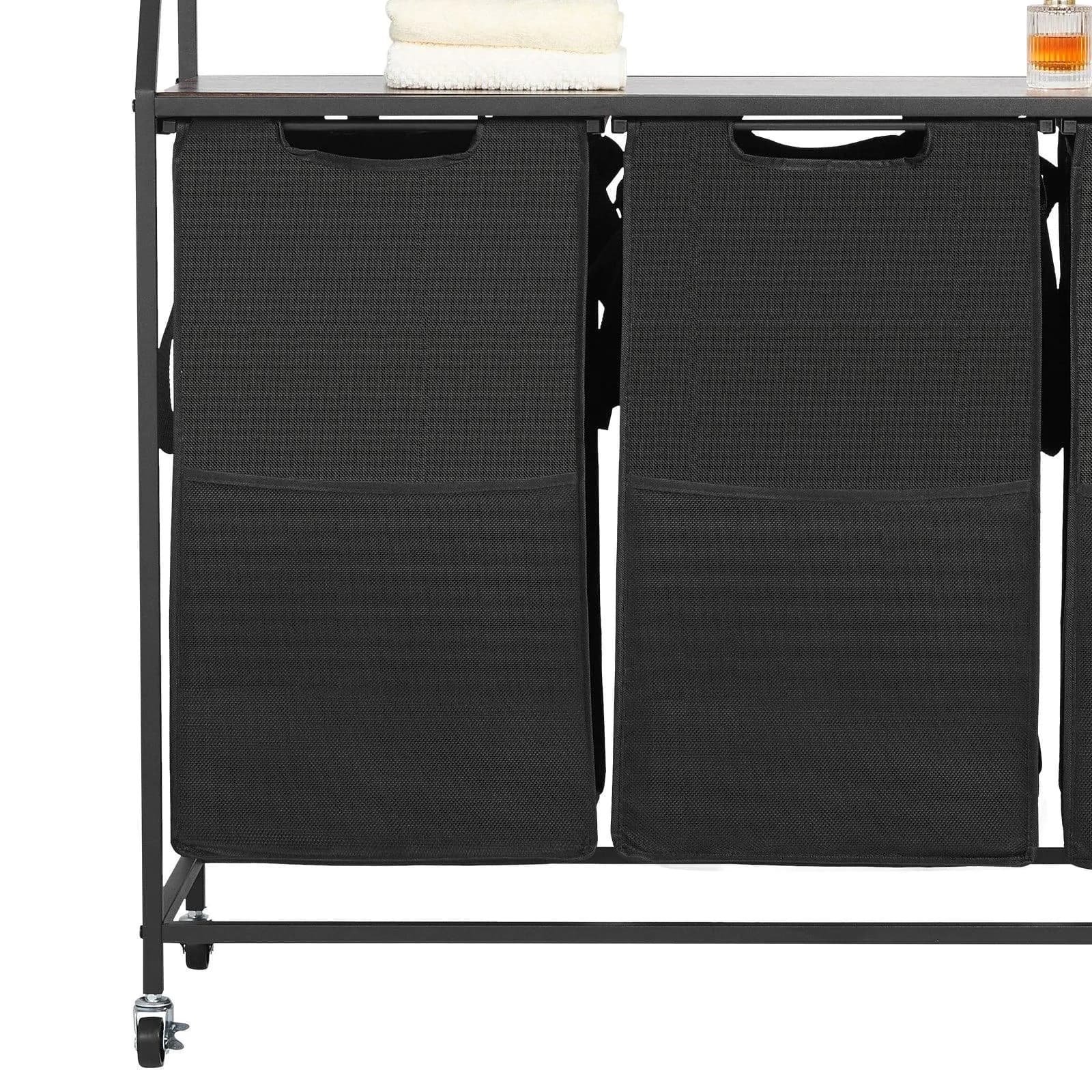 image-VEVOR 2 Tiers Laundry Sorter, Tall Laundry Hamper with Metal Frame and Wooden Tabletop, 3 Section Rolling Basket Organizer Storage with Ladder Shelves and 600D Oxford Cloth Bags for Dirty Clothes