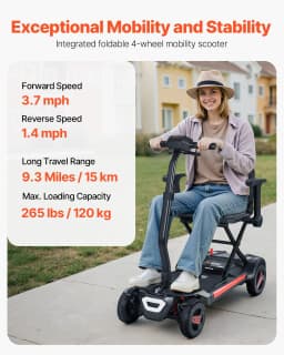 image-VEVOR 4-Wheel Electric Mobility Scooter for Adults & Seniors, Integrated Foldable Mobility Scooter with 9.3 Miles Long Range, All Terrain Travel Wheelchair with 9° Climbing Capacity & 265LBS Loading