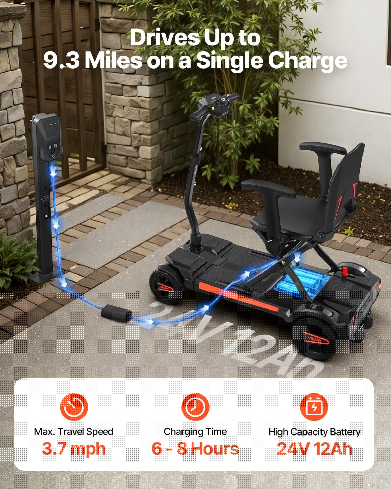 image-VEVOR 4-Wheel Electric Mobility Scooter for Adults & Seniors, Integrated Foldable Mobility Scooter with 9.3 Miles Long Range, All Terrain Travel Wheelchair with 9° Climbing Capacity & 265LBS Loading