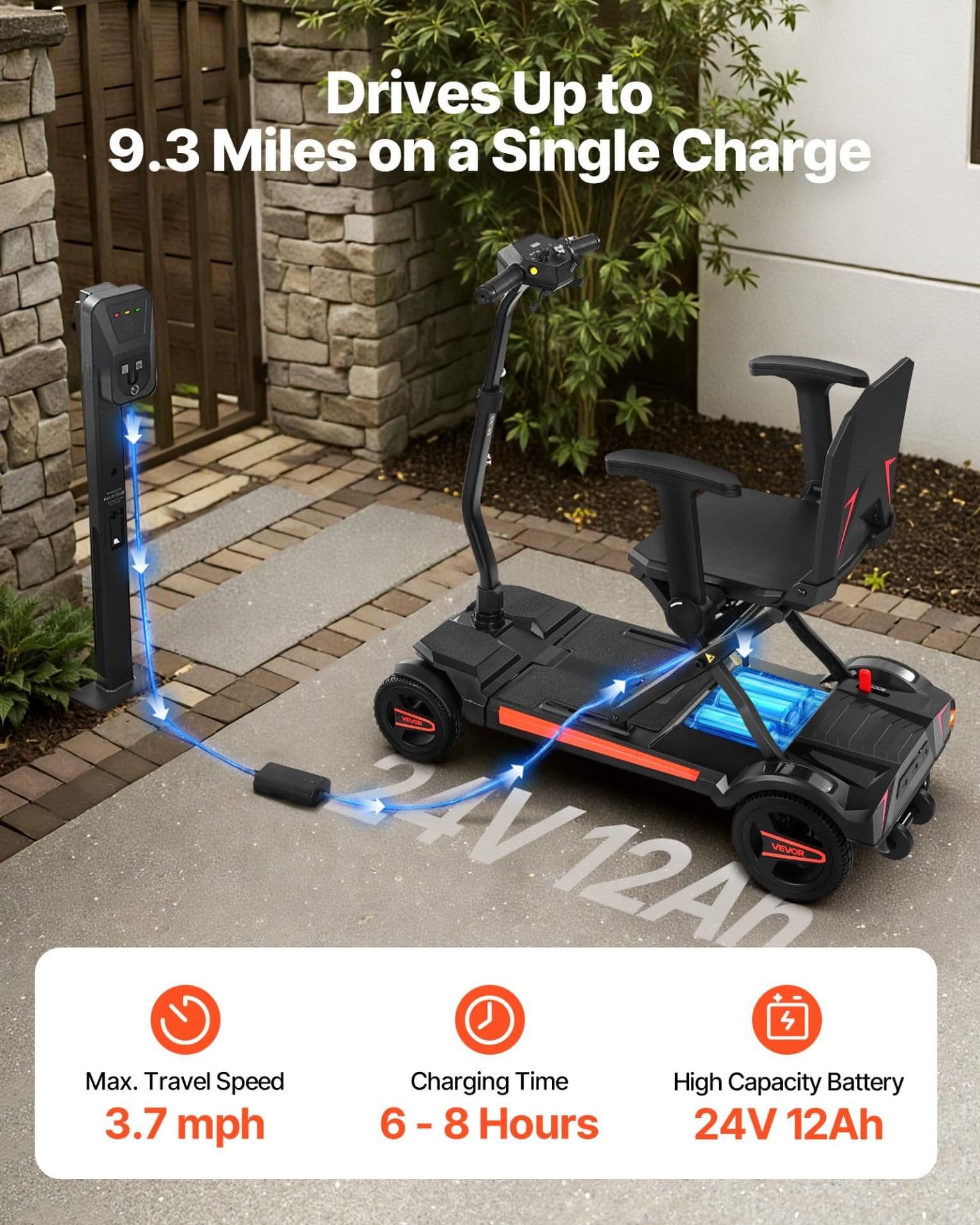 image-VEVOR 4-Wheel Electric Mobility Scooter for Adults & Seniors, Integrated Foldable Mobility Scooter with 9.3 Miles Long Range, All Terrain Travel Wheelchair with 9° Climbing Capacity & 265LBS Loading