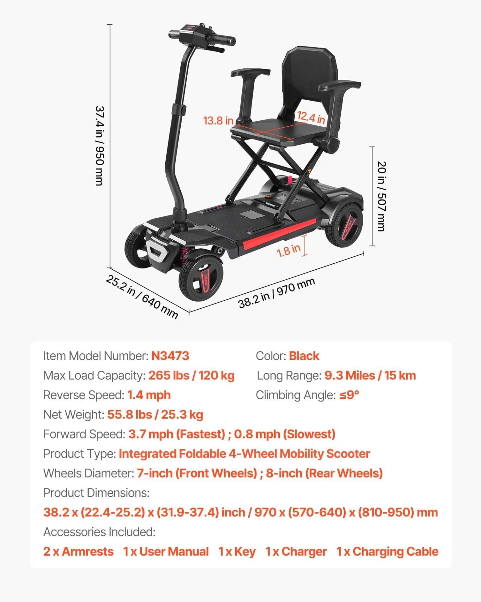 image-VEVOR 4-Wheel Electric Mobility Scooter for Adults & Seniors, Integrated Foldable Mobility Scooter with 9.3 Miles Long Range, All Terrain Travel Wheelchair with 9° Climbing Capacity & 265LBS Loading