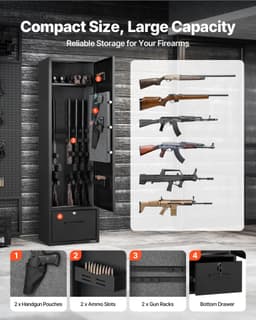 image-VEVOR 4 Gun Safe, Long Gun Cabinet for Rifles and Pistols, Quick Access Rifle Safe with 2 Ammo Slots, 2 Pistol Pockets & 2 Adjustable Racks, Large Digital Cabinet with Key and Password Lock