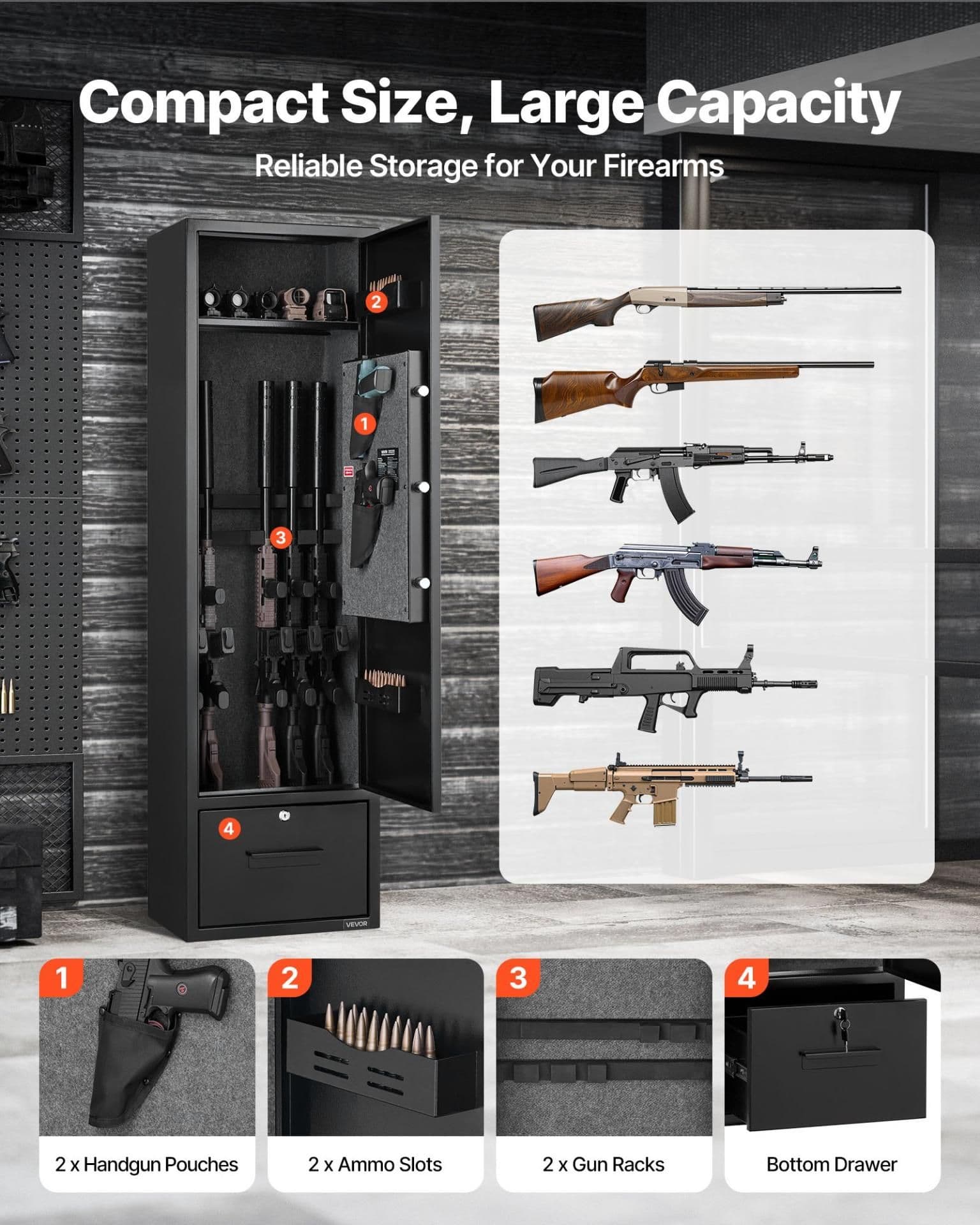 image-VEVOR 4 Gun Safe, Long Gun Cabinet for Rifles and Pistols, Quick Access Rifle Safe with 2 Ammo Slots, 2 Pistol Pockets & 2 Adjustable Racks, Large Digital Cabinet with Key and Password Lock