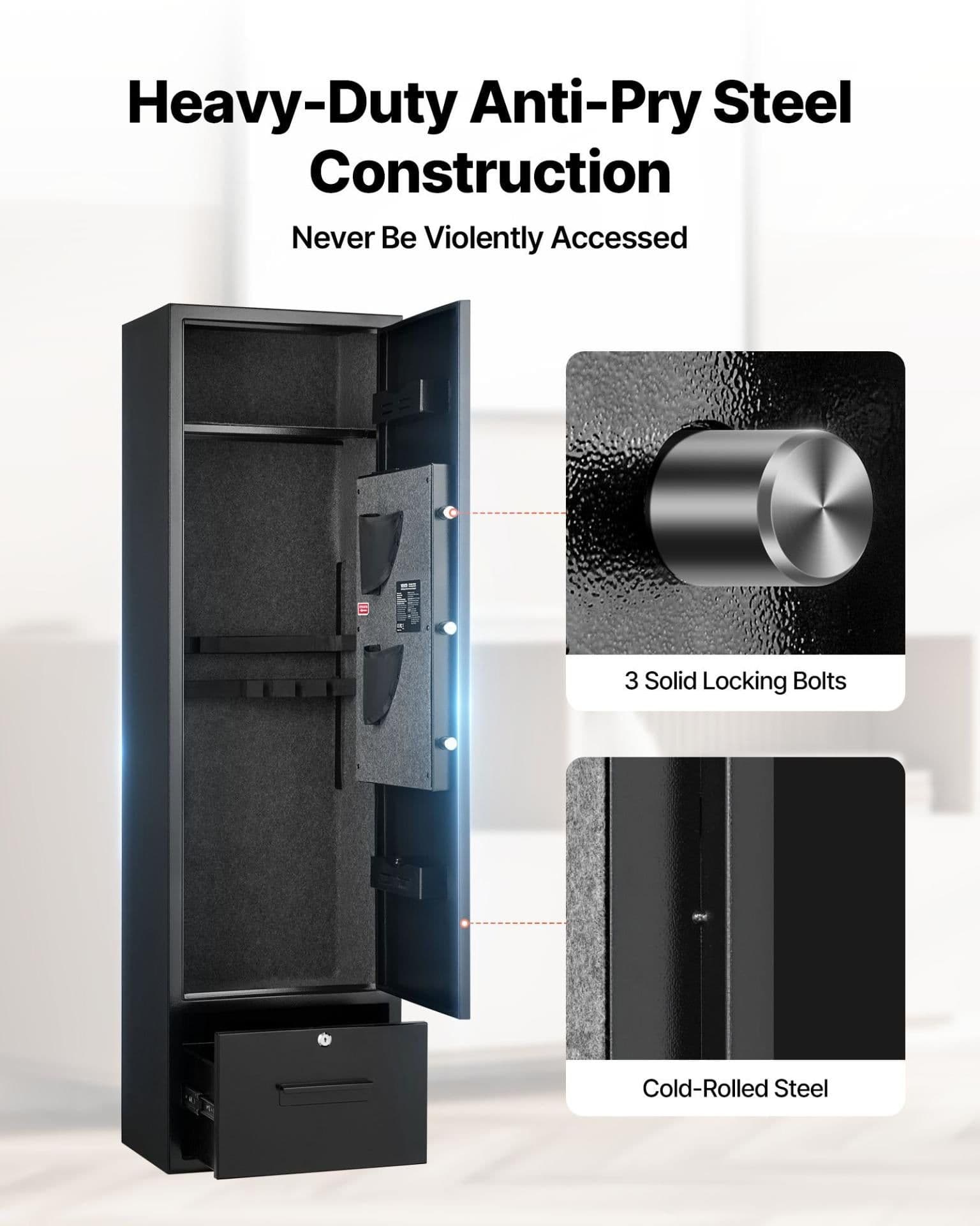 image-VEVOR 4 Gun Safe, Long Gun Cabinet for Rifles and Pistols, Quick Access Rifle Safe with 2 Ammo Slots, 2 Pistol Pockets & 2 Adjustable Racks, Large Digital Cabinet with Key and Password Lock