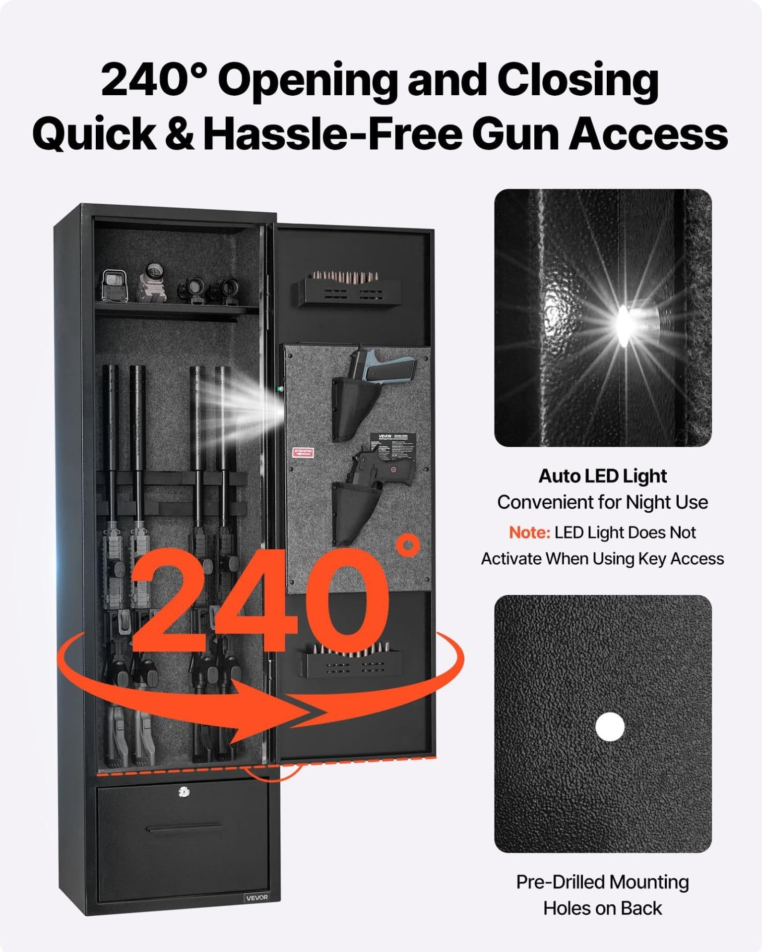 image-VEVOR 4 Gun Safe, Long Gun Cabinet for Rifles and Pistols, Quick Access Rifle Safe with 2 Ammo Slots, 2 Pistol Pockets & 2 Adjustable Racks, Large Digital Cabinet with Key and Password Lock