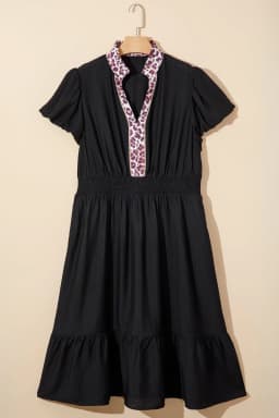 image-Black Leopard V Neck Patchwork Smocked Waist Plus Size Ruffled Dress