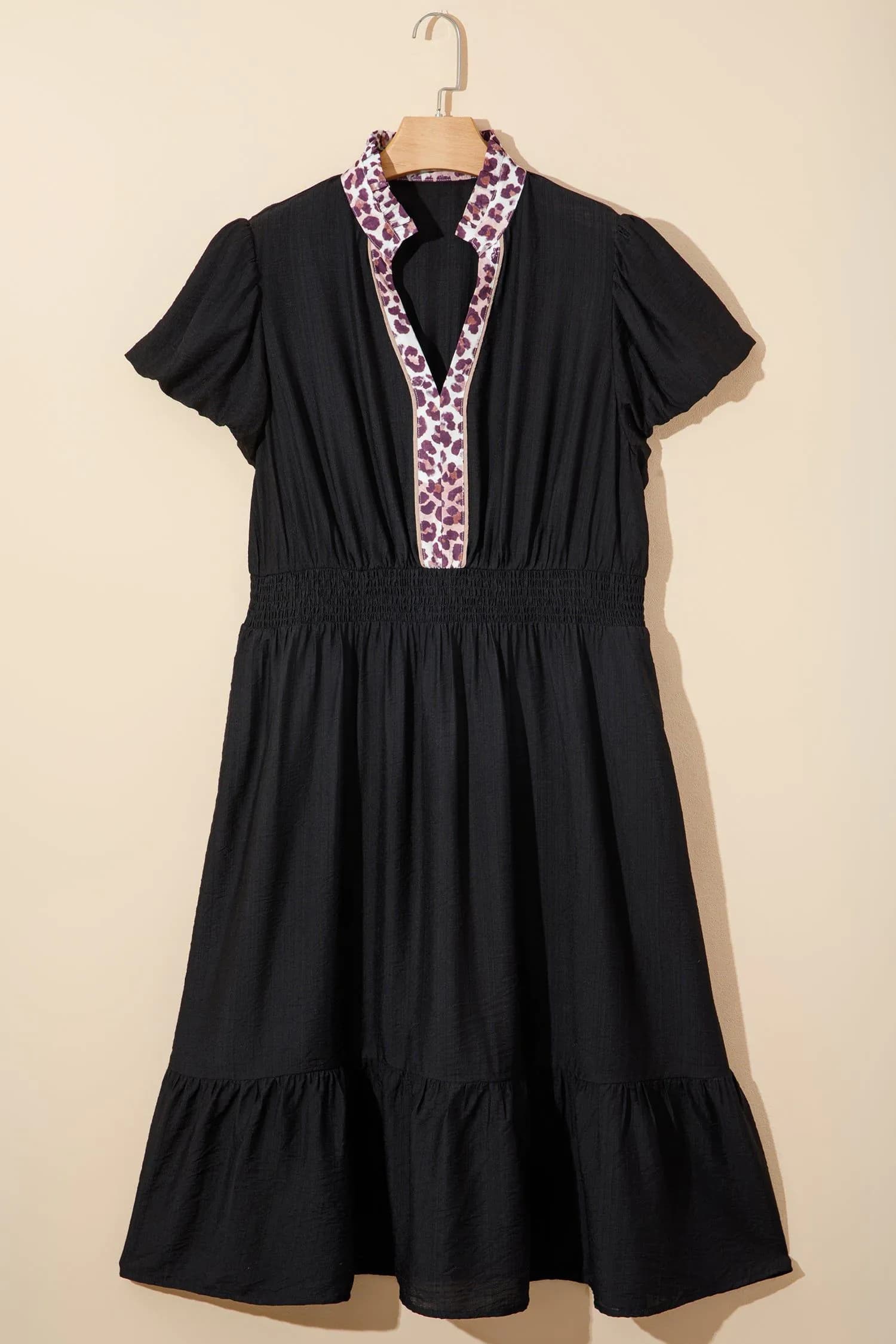image-Black Leopard V Neck Patchwork Smocked Waist Plus Size Ruffled Dress