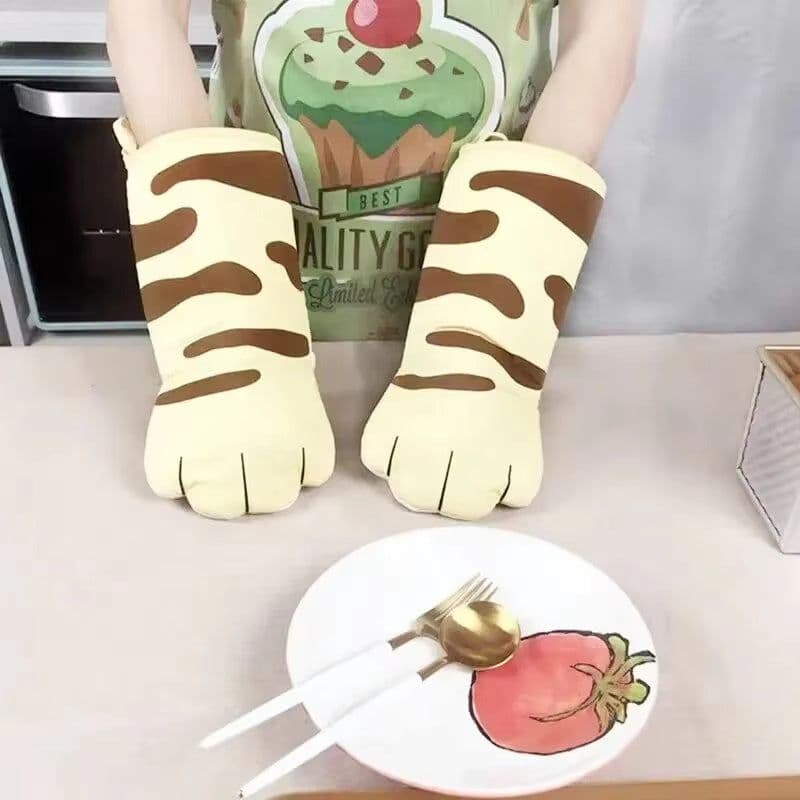 image-Microwave Long Cotton Gloves Cute Cat Paws Oven Insulation Gloves Heat Resistant Non-Slip Single Glove Kitchen Baking Supplies