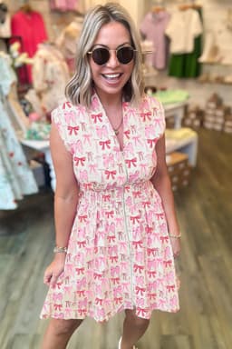 image-Pink Full Zip Cinched Waist Sleeveless Bow Mini Dress