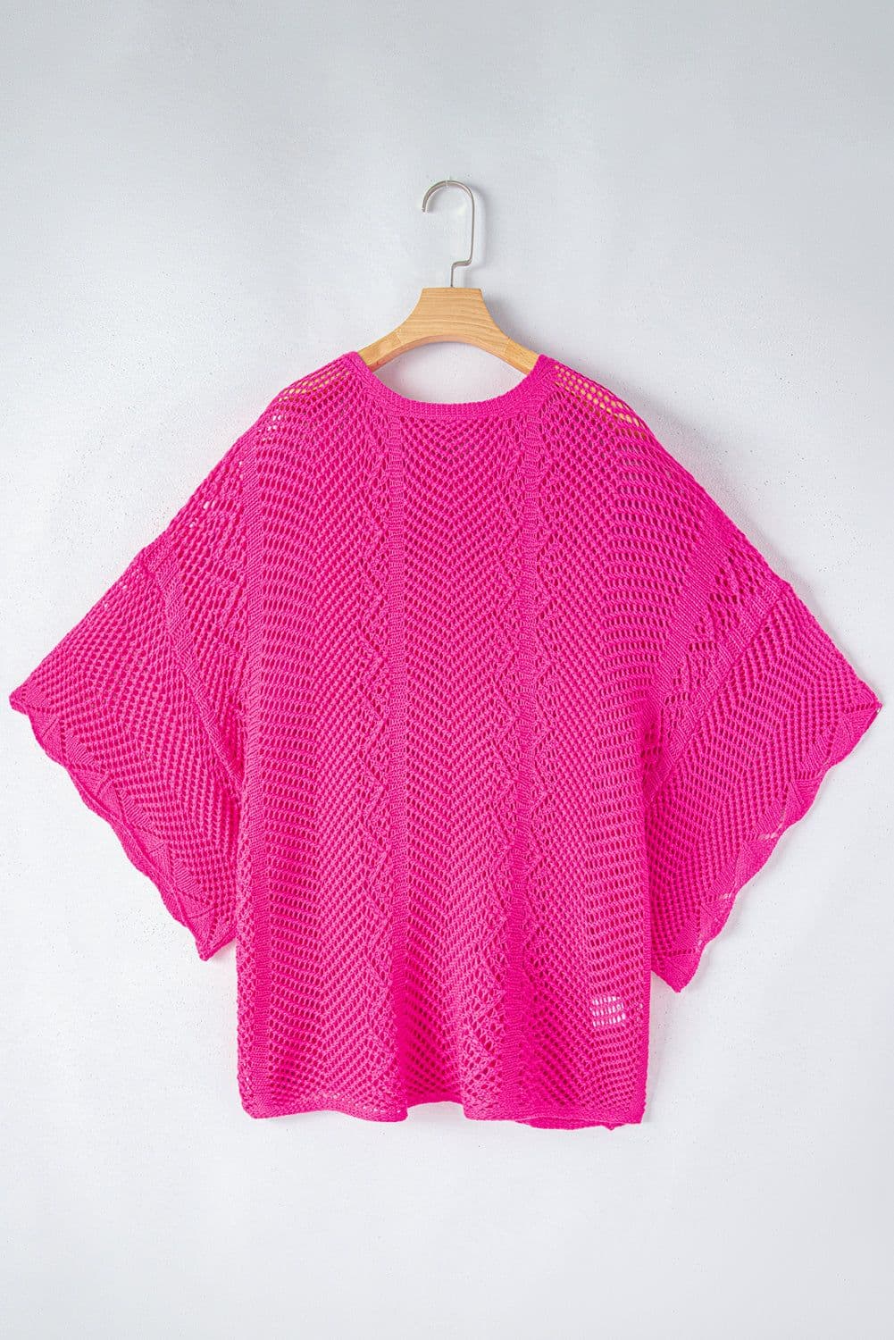 image-Rose Red Pointelle Knit Top - Short Sleeve, Scallop Edge, Delicate Design