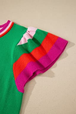 image-Bright Green Striped Flutter Sleeve Sweater