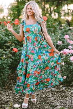 image-Green Floral Print Sleeveless Ruffle Tiered Maxi Dress