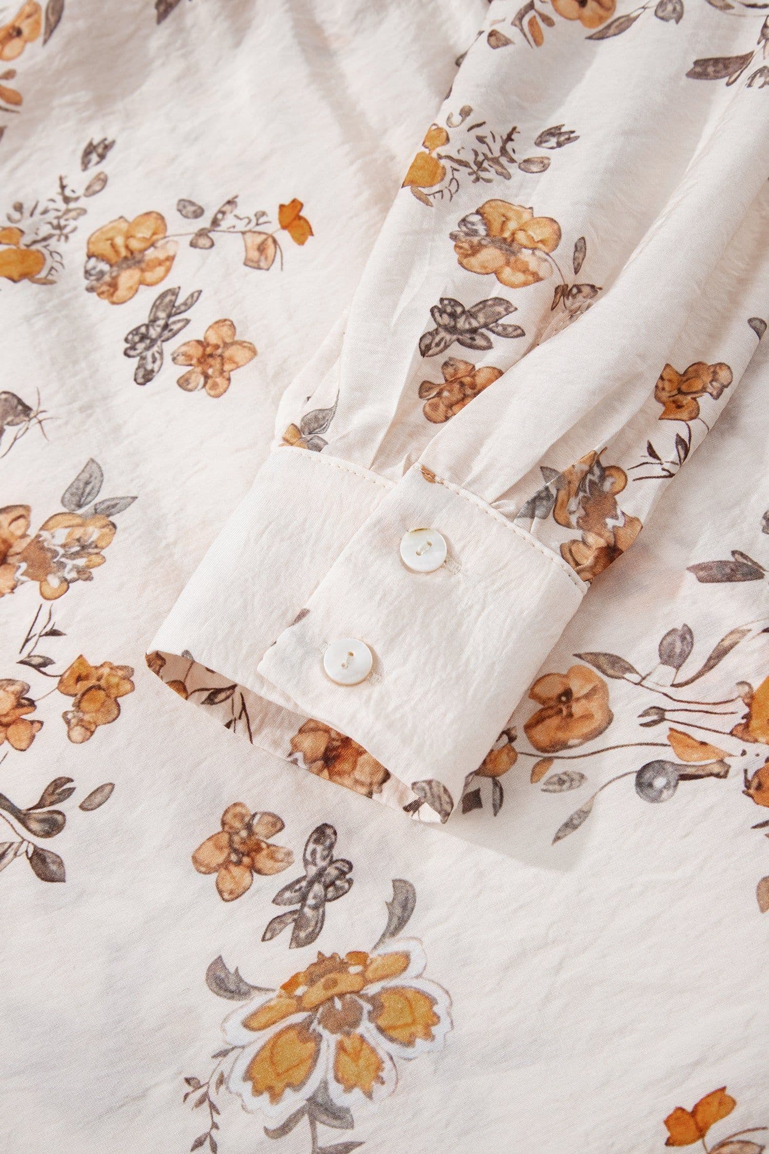 image-Apricot Floral Printed Silky Button Up Long Sleeve Shirt